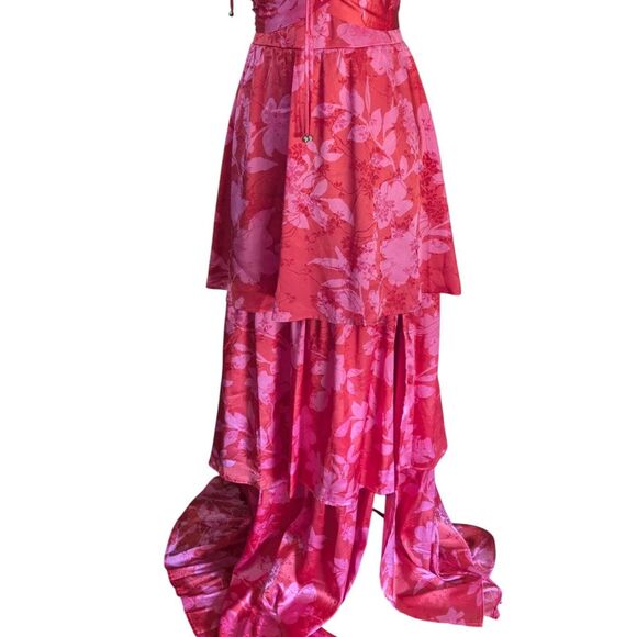 CRYSTAL DOLL Tiered Maxi Gown M Red Pink Floral Satin Fantasy Fairy Formal Dress - Picture 4 of 9